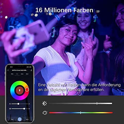 ANTELA Alexa Glühbirne E27 9W, Smart WLAN LED RGB Dimmbare Birne Lampe, App Steuern Kompatibel mit Google Home, Warmweiß (2700K) Kaltweiß (6500K), Kein Hub Benötigt, 2 Stück – Bild 5