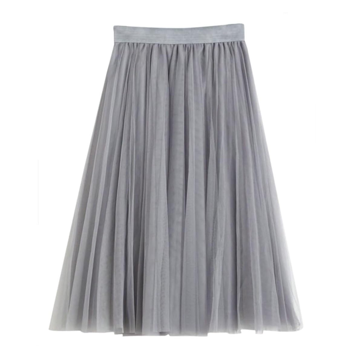 Samheng Women's Gray Elastic High Waist Tutu Skirt - A Line Pleated Ballet Midi Skirt, Layered Tulle Underskirt For Wedding, Prom & Evening Gowns