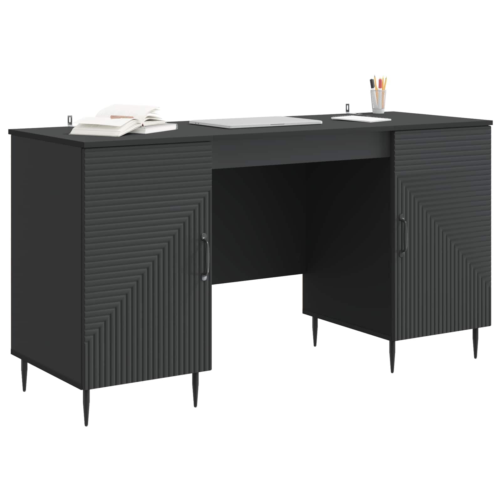 Scrivania nero in legno ingegnerizzato 142,5 x 50 x 75 cm con ripiani e porte girevoli per ufficio studio casa smartworking gaming