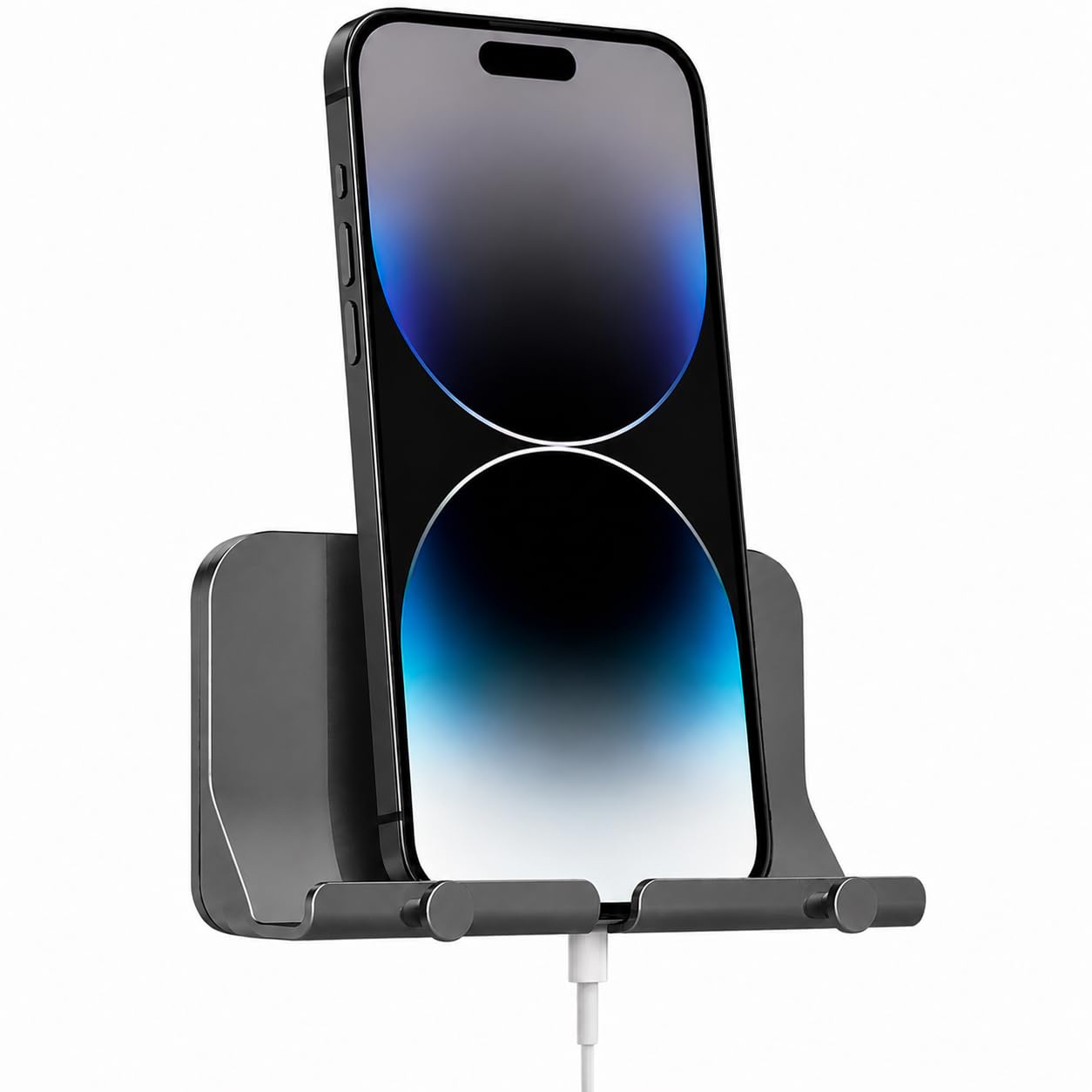 D2 - Soporte de pared para teléfono, manos libres, con adhesivo y agujero de recepción de cable de datos para ducha, carga, RV, compatible con iPhone, cables de smartphone, llaves y más (gris)