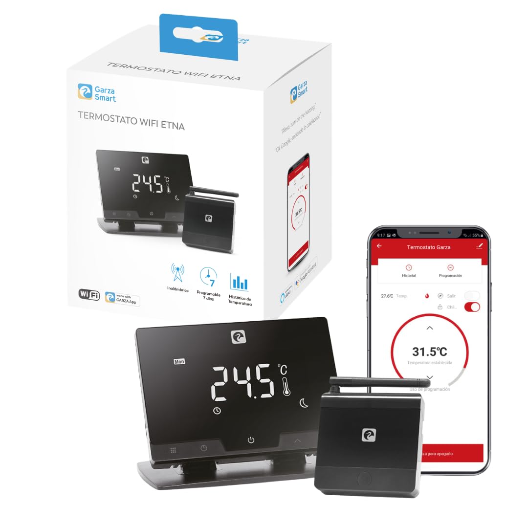 Garza - Wireless WiFi Smart Thermostat für Kessel und Heizung, programmierbar, Touchscreen, WiFi 2.4GHz, Fernsteuerung per App und Alexa/Google Voice + Batterien: Amazon Basics Pack of 8 x AAA