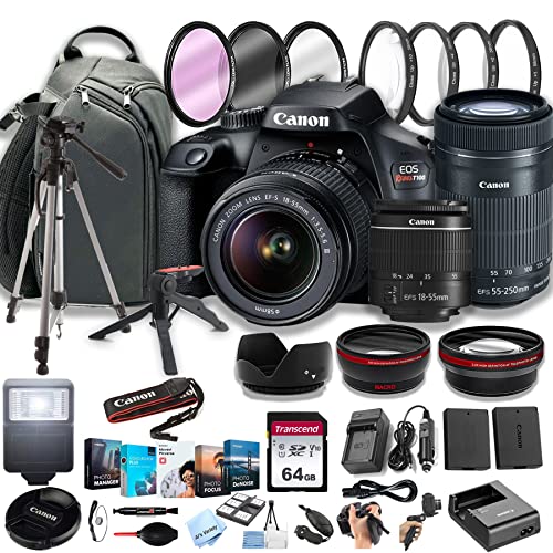 Canon EOS Rebel T100 DSLR Camera w/EF-S 18-55mm F/3.5-5.6 Zoom Lens + 55-250mm f/4-5.6 is STM Lens + 100S Sling Backpack + 64GB Memory Cards, Professional Photo Bundle (42pc Bundle) (Renewed)