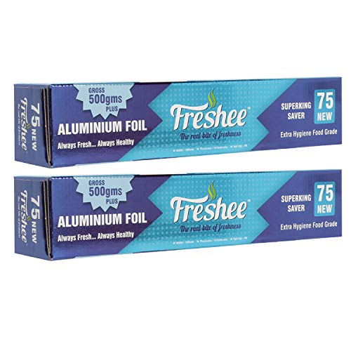 Image of Freshee 500gm Aluminium Silver Kitchen Foil Roll, 11 Micron Thick Disposable Food wrap Foil for Food Parcel Keeps Food Fresh (Pack of 2)