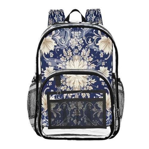 Blue White Pattern Clear Backpack - Stadium Approved Large 15.7-inch Waterproof Transparent Bag for Sports, Concerts, Work, Travel#135