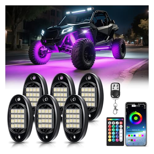 Image of RGBW LED Rock Lights Kit, 6 Pods Rock Light for UTV ATV Golf Cart Trucks RZR SUV Offroad, Waterproof 6500K Pure White & RGB Underglow Kit with APP Remote Control Music Neon Vehicle Underbody Light 12V