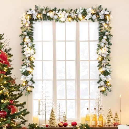 Fireplace Christmas Garland, 6 Ft Pre-Lit 20 Led Artificial Christmas Garland, Battery Operated Lighted Xmas Garland with Silver Balls, Pinecones for Front Door Holiday Decoration