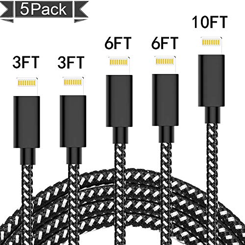 iPhone Charger Cable SHARLLEN iPhone Lightning Cable 5Pack 3/6/10FT Long Nylon Braided USB