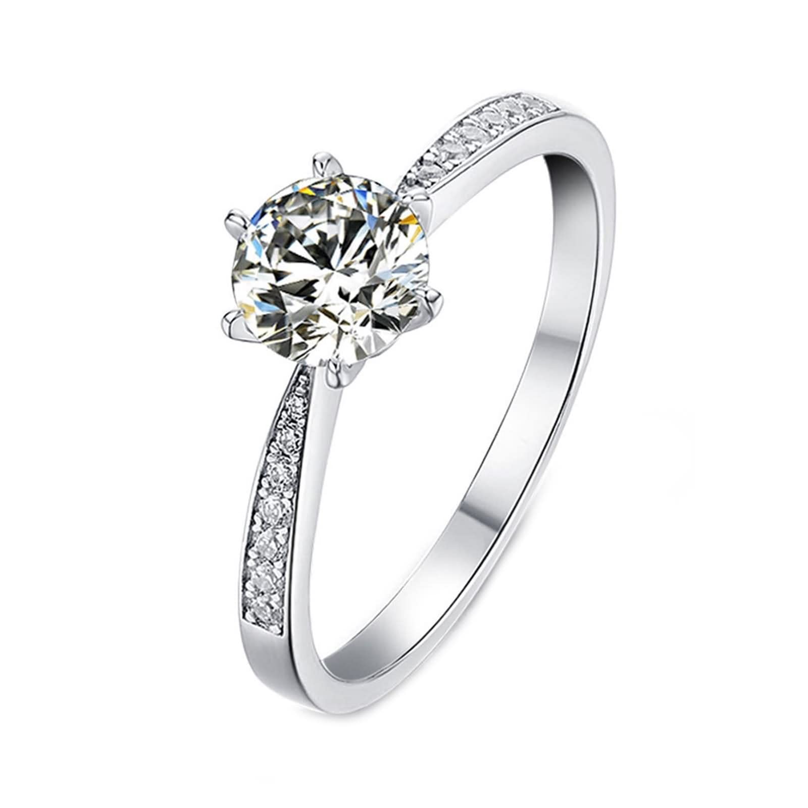 Eheringe für Damen, Ehering für Damen, Vintage-Stil, 6 Zinken, Solitär-Design, Silber mit weißem, rundem, brillantem Moissanit-Sterlingsilber