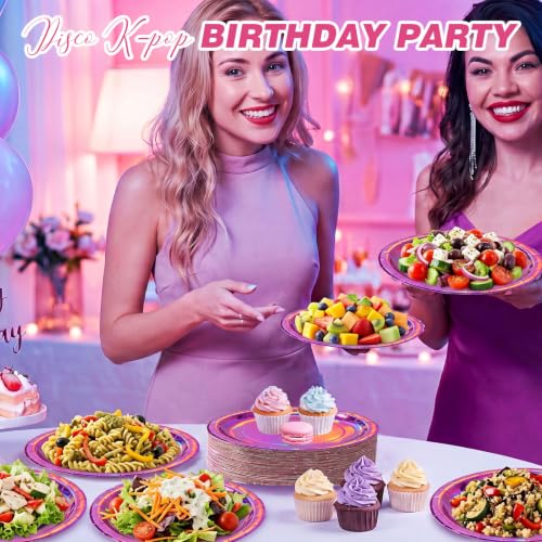 Image of Iridescent Hot Pink Paper Plates, 9 Inch Dinner Party Plates, 50 Count Bulk | Colored and Sturdy Durable Party Plates, For Mermaid Disco Kpop Birthday, Bridal Showers, Bbq, Pool Parties, Food-Safe