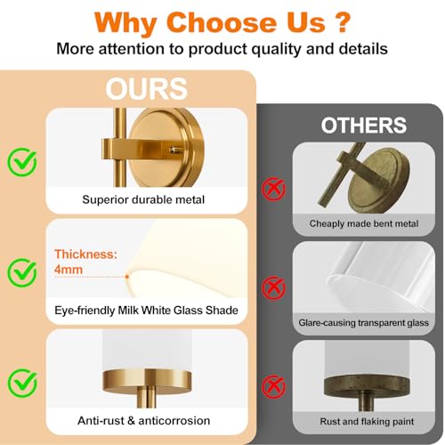 Image of [Hardwired] Wall Sconces Set of Two, Brushed Gold Bathroom Sconces with Milky White Glass, Modern Wall Light Fixtures for Bathroom Mirror Vanity, Living Room, Hallway, Stairway, Cabinet, Foyer