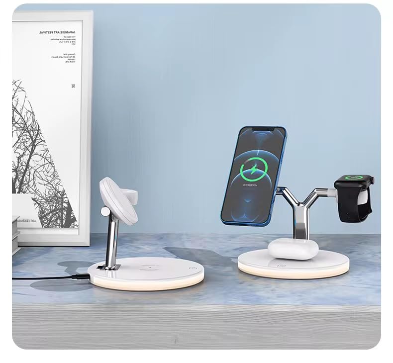 Stazione di Ricarica Wireless 3 in 1 Magnetica, Caricabatterie per Smartphone, Smartwatch e Auricolari, Lampada LED Touch da Scrivania