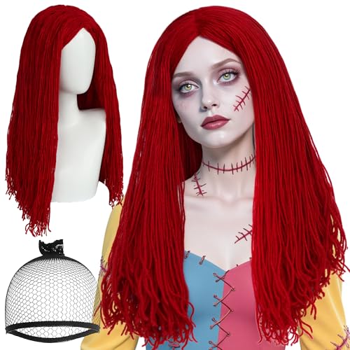 ESUNO Hair Cap+22 in Red Wig Yarn Wig Adult Yarn Cosplay Wigs Red Long Straight Costume Burgundy Center Part Hair Horror Christmas Costume for Theme Party Halloween Cosplay Christmas