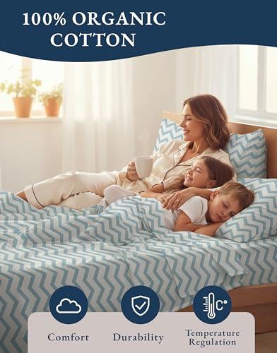 Image of LANE LINEN 100% Organic Cotton Full Size Sheet & Pillowcase Sets, Fully Elasticized Soft & Comfy Printed Percale Bedding, Temperature Regulating Printed Cotton Sheets Full - Chevron