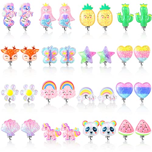 16 Pairs Kids Clip on Earrings for Girls Cute Unicorn Mermaid Non Pierced Clip on Earrings for Kid Little Girl(Cute Style)
