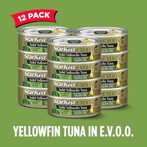 Image of StarKist E.V.O.O. Solid Yellowfin Tuna, Basil Pesto, 4.5oz Can, 12-Pack | 28g of Protein Per Serving, Features Extra Virgin Olive Oil, Wild Caught Tuna, Gluten Free, Soy Free, Omega 3s