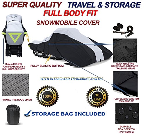 SBU Full Fitment Snowmobile Cover Compatible for The Arctic Cat Sabercat 600 EFImodel Years 2004-2006. 600 Denier Black and Gray, trailerable.