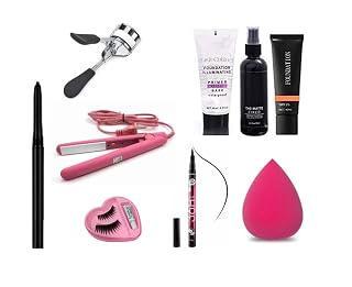 Glowhouse professional makeup combo,Eyelashes curler,Mini hair straightner,1 makeup sponge,Sketch eyeliner,black kajal (Set of 9)