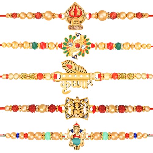 Image of Designer Rakhi (Pack of 5) | Roli-Chawal Pack With Greeting Card | Happy Rakshabandhan | Send Rakhi for Brother /Bhai /Bhaiya /Bhabhi /Kids | Rakhi Gift