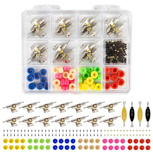 DisplayMore Fingerboard Repair Kit -Includes Box & Tools-Mini 96mm Finger Skateboard Parts Include 14 Brackets 48 Multicolour Wheels 60 Screws 30 Nuts 4 Screwdriver(Trucks-31mm & Box)