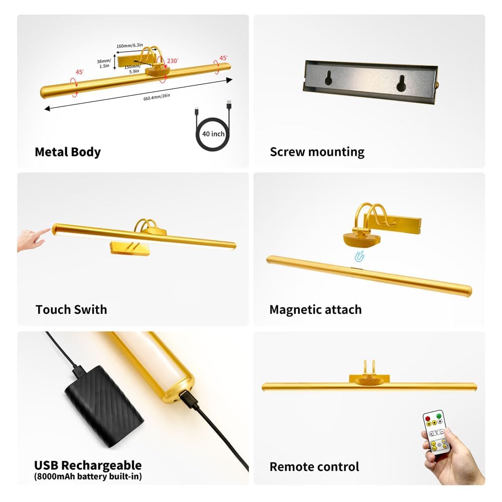 LED Bildbeleuchtung Kabellos Innen, Aufgeladenes Akku-Kunstleuchten mit Fernbedienung, Dimmbare Magnet Touch Lichtleiste Wandlampe, Bildbelicht für Schreibtisch Wand Spiegel, (Golden 1 Stück)