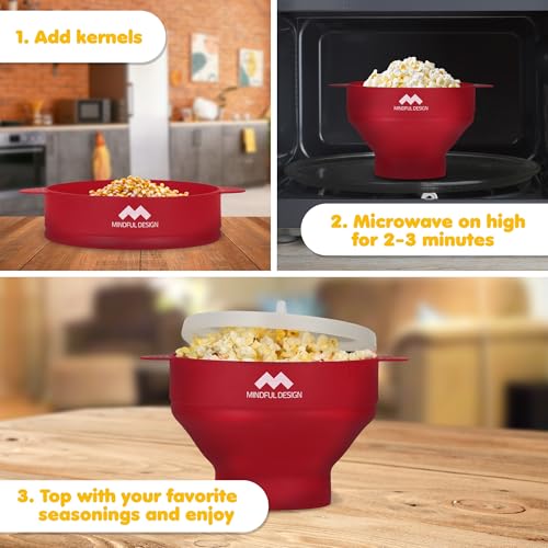 Image of The Original Mindful Design Microwave Popcorn Popper - Silicone Bowl, BPA-Free & Dishwasher Safe (Cherry Red)