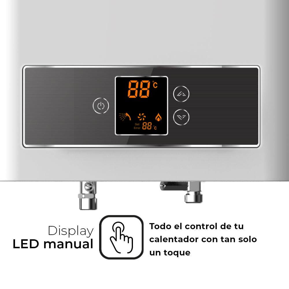 Svan Calentador Estanco SCE1100ADB. Instalación Vertical, 11l/min, 45W, baja emisión gas NOx, control táctil, Display LED, Temperatura max. 65º, Blanco, Eficiencia Energética Clase A