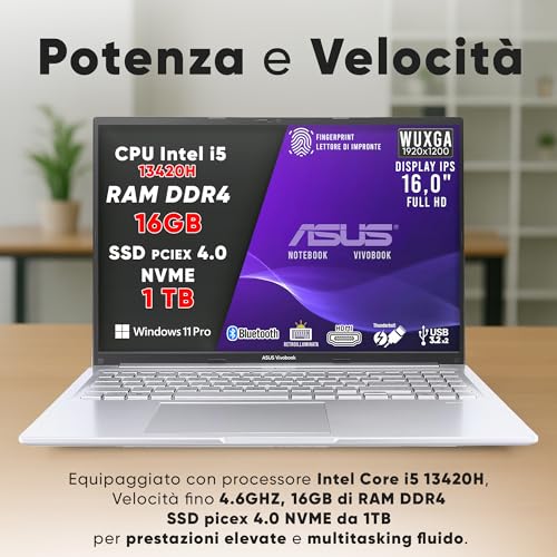 VivoBook Pc Portatile, Notebook i5 13420H, RAM DDR4 16Gb, SSD 1Tb PCI-e 4.0, DISPLAY IPS WUXGA 16,0" FHD, Computer Portatile, Laptop con Tastiera Retroilluminata, Fingerprint, Win 11 Pro, 16" - Notebook - Immagine 2