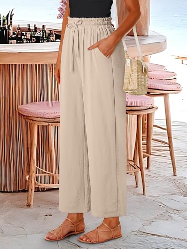 CRAZY GRID Womens High Waisted Palazzo Pants Beach Flowy Summer Drawstring Wide Leg Trousers Loose Casual Vacation Pants with Pockets XL Apricot — view 5
