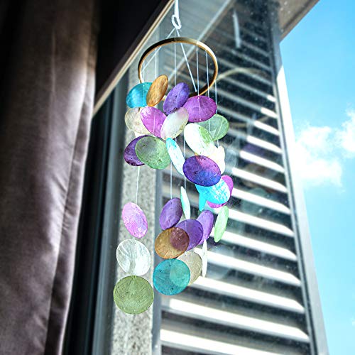 Yu Feng Rainbow Capiz Seashell Wind Chimes Outdoor Indoor Hanging Handmade Painted Colorful Beach Coast Ocean Home Decorative Hanging Mobiles Memorial Sympthy Gift thumb #3