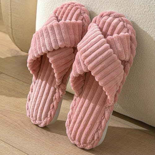 Image of SILENCIO Slippers for Women House Bedroom Furry Cross Bands Slide Shoes Anti-Skid Sole Open Toe Slippers Indoor & Outdoor