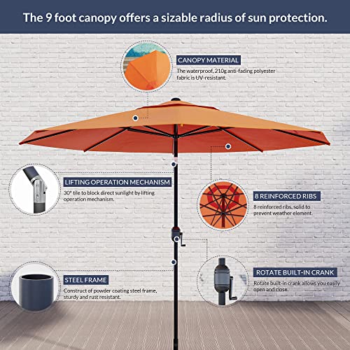 Belleze 9 Ft Outdoor Patio Table Umbrella, Sunproof Beach Umbrella With Push Button Tilt And Crank, 8 Sturdy Ribs Market Umbrella For Patio Furniture Set, Garden, Deck, Backyard - Orange #TOP3