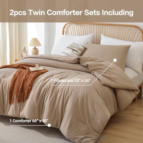 Image of ROSGONIA Taupe Comforter Set Twin- 1 Comforter & 1 Pillowcase- Farmhouse Twin Comforter Set for Women and Girls- Reversible Soft Warm Microfiber Comforter for All Season