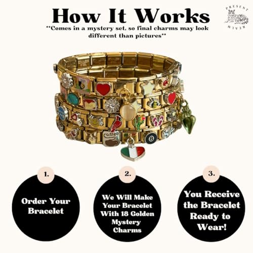 Full Gold Italian Charm Bracelet - Set of 1 Assembled Vintage Style with 18 Unique Styles Links Designs Tourist Souvenir (Single Bracelet, Mystery Charms)2
