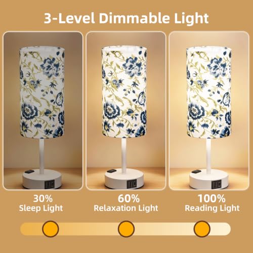 Image of Table Lamp, Dimmable Touch, AC Outlet, USB A+C (Printed&White) | 3-Way Dimmable, Small Touch Lamp with Eye-Care LED Bulb, Ideal Bright Lighting Bedside Lamps for Nightstand, Bedroom, Reading