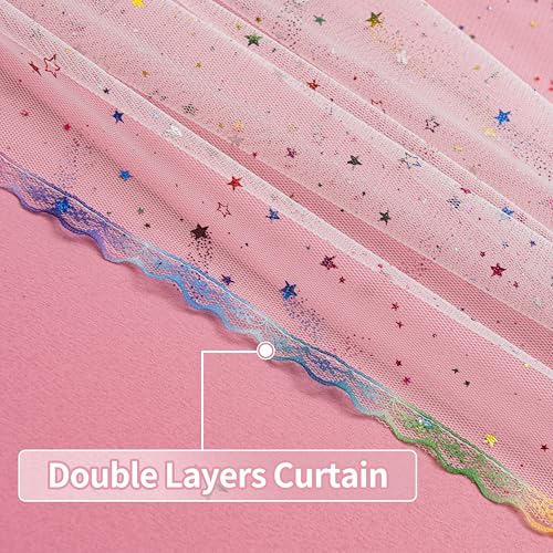 Image of 52x63 2-in-1 Double-Layer Kids & Girls Unicorn Princess Blackout Curtains with Foil Print Sheer, 2 Panels Set - Pure Pink
