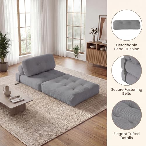 Image of COSTWAY Folding Sofa Bed with Pillow, Convertible Couch (Grey) | with Backrest & Fixing Straps, Boneless Convertible Sleeper Chair for Adults, Guest Use, Living Room