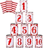 PullCrease 13 Pcs Carnival Can Game Bean Bag Toss Carnival Games with 10 Tin Cans and 3 Bean Bag for Easter Outdoor Family Party Birthday Indoors Outdoors Activities(Classic Style)