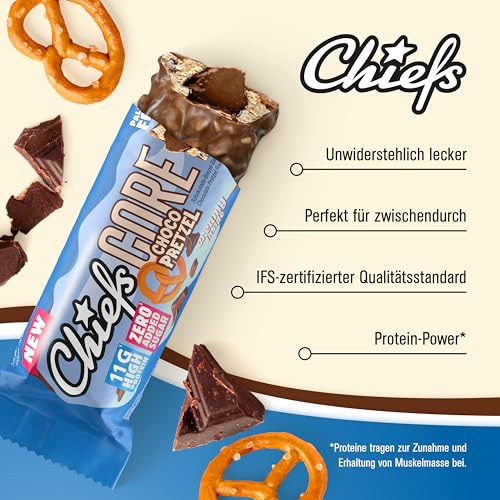CHIEFS Creamy High Protein Riegel - süß-salziger Schokolade Brezel Geschmack - 12er Box - 11g Protein - perfekter Snack ohne Zuckerzusatz - kalorienarm & low sugar - Eiweißriegel ohne Palmöl 3