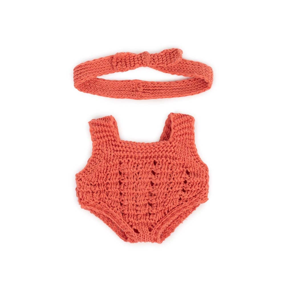 Miniland Dolls: Knitted Doll outfit 21cm - Rompers & Headband, made of recycled materials, for 21cm Baby doll. Model: Rompers & Headband in coral.