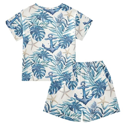 ALAZA Anchor Tropical Leaves Starfish Pajama Set Short Sleeve Sleepwear Soft Lounge Nightwear2