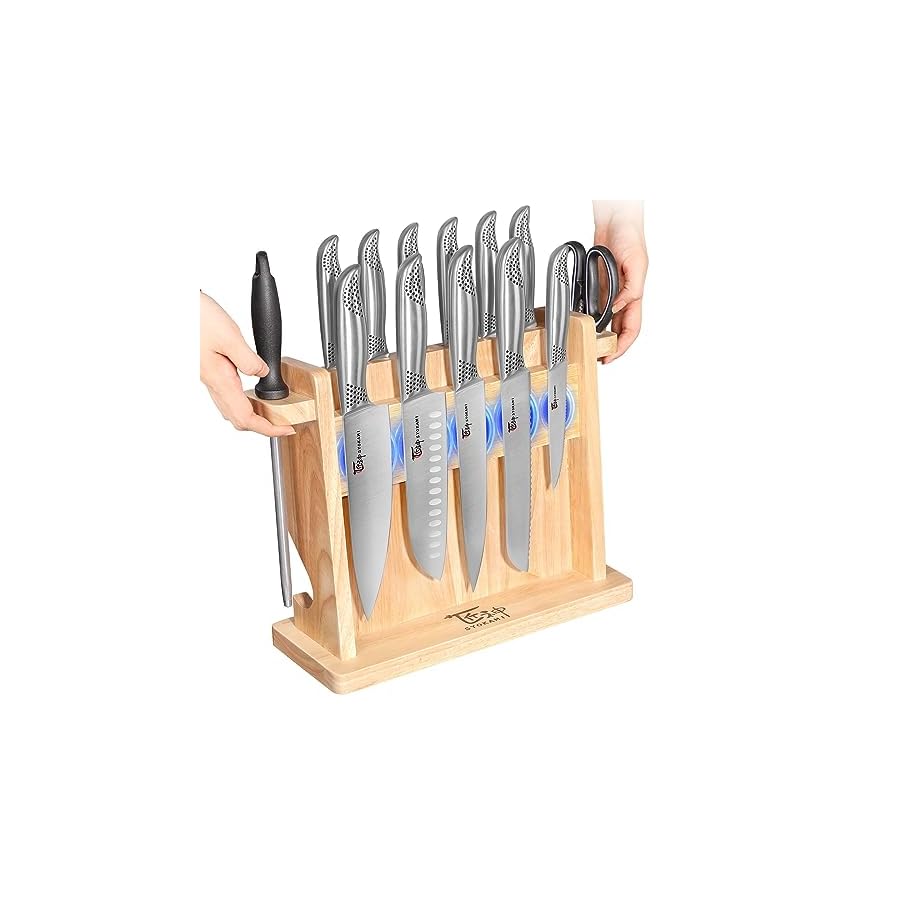 SYOKAMI Kitchen Knife Set, 14 Pieces Japanese Style Knife Block Set with Magnetic Holder, High Carbon Stainless Steel Ultra Sharp Knives for kitchen with Ergonomic Handle and Sharpener, Black Dot