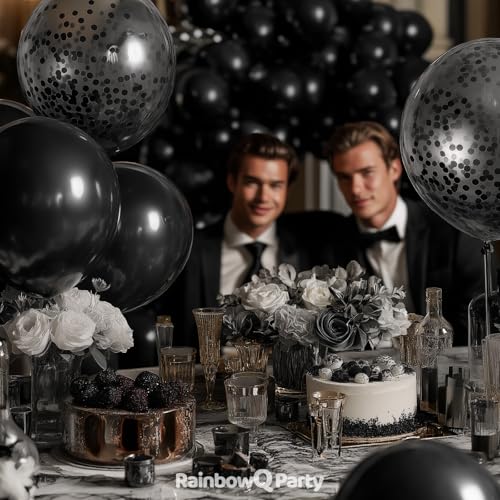 Image of Black Latex Balloons: 55Pcs 12 inch Black Confetti Party Balloons Helium Latex Balloon Ribbons for Birthday Anniversary Graduation Wedding Decoration