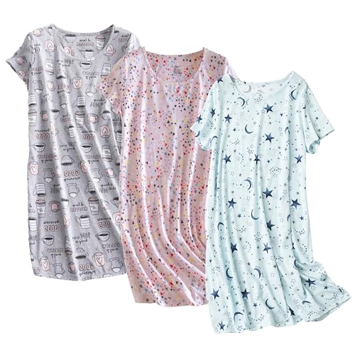 Inadays 3 Pack Women's Cotton Nightgown Sleepwear Short Sleeves Nightshirt Fun Print Sleepdress Loose Comfy Sleepshirts Star+Cup+Pink-XL