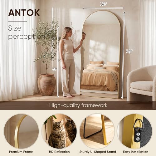 Image of Antok 76 inch x34 inch Arched Full Length Floor Mirror, Gold Aluminum Frame, Free Standing /Wall Mount /Leaning for Bedroom, Living Room, Dressing Room