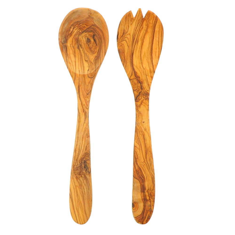 4X HOFMEISTER® Salatbesteck Holz 29 cm – Salatlöffel und Salatgabel aus Olivenholz, einzigartige Maserung, schont Schüssel und Salat – handgefertigt