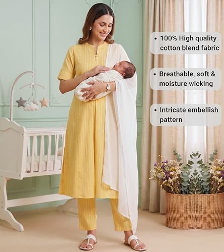 Image of DUMMY SHAPE Feeding Dresses for Women Full Set | Cotton Blend Maternity Kurta Pant Suit with Dual Nursing Zippers, Side Pocket to Pre & Post Pregnancy | Mom to Be Gifts