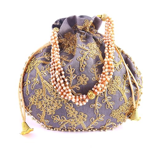 Image of Handcrafted Potli Purse with Golden Floral Embroidery and Pearl Accents