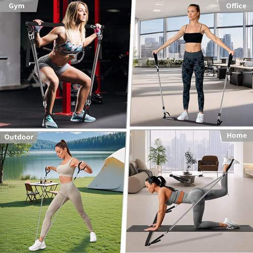 Image of Goocrun Portable Pilates Bar Kit with Resistance Bands for Men and Women - 3 Set Exercise Resistance Bands - Multifunctional Home Gym - Supports Full-Body Workouts - with Fitness Poster and Video