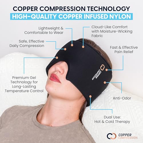 Image of CopperFreeze Migraine Relief Mask Cap w /Cryo Gel by Copper Compression - Reusable 360 Ice Pack Band for Headaches - Eases Nausea, Sinus Pressure, Tension - Gift for Women, Men, Moms - One Size