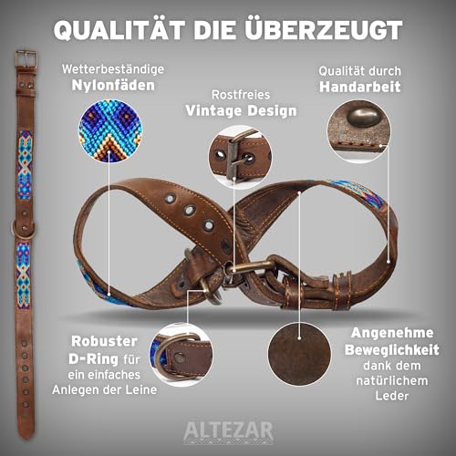 ALTEZAR Lederhalsband Hund - Doppelt Tribal Bestickt Blau Braun - Hochwertig verarbeitetes Hundehalsband Leder - Handgemacht in Mexiko - Größe M - Halsband Hund für mittel-große Hunde Leder breit